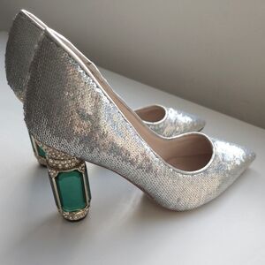 FSJ Silver Sequin Pointed Toe Heels with Green Gem Detail